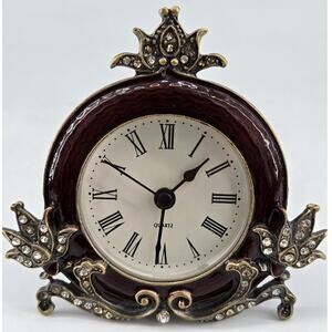Romantic Petite Jeweled Floral Burgundy Enamel Quartz Mantle Table Battery Clock